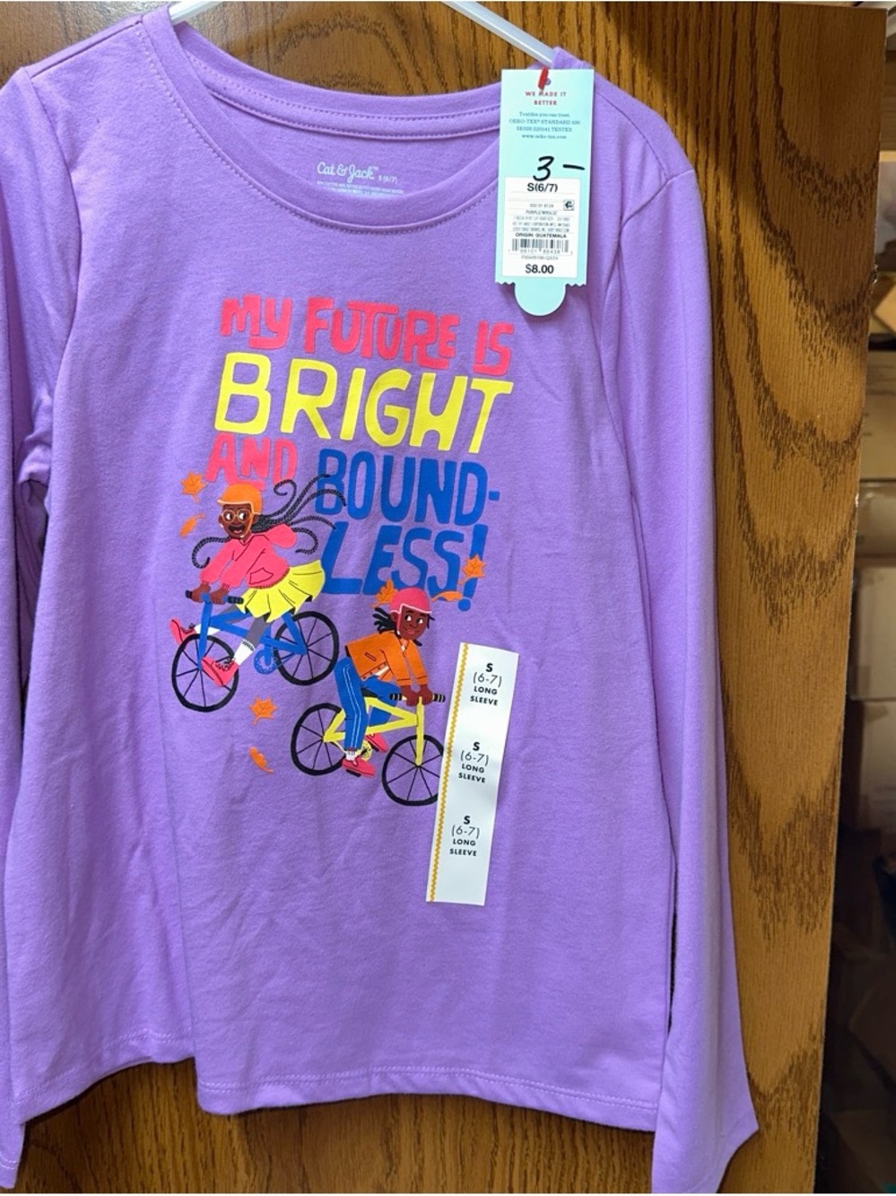S(6/7) Purple Long-Sleeve Tee with Colorful 'My Future Is Bright' Graphic